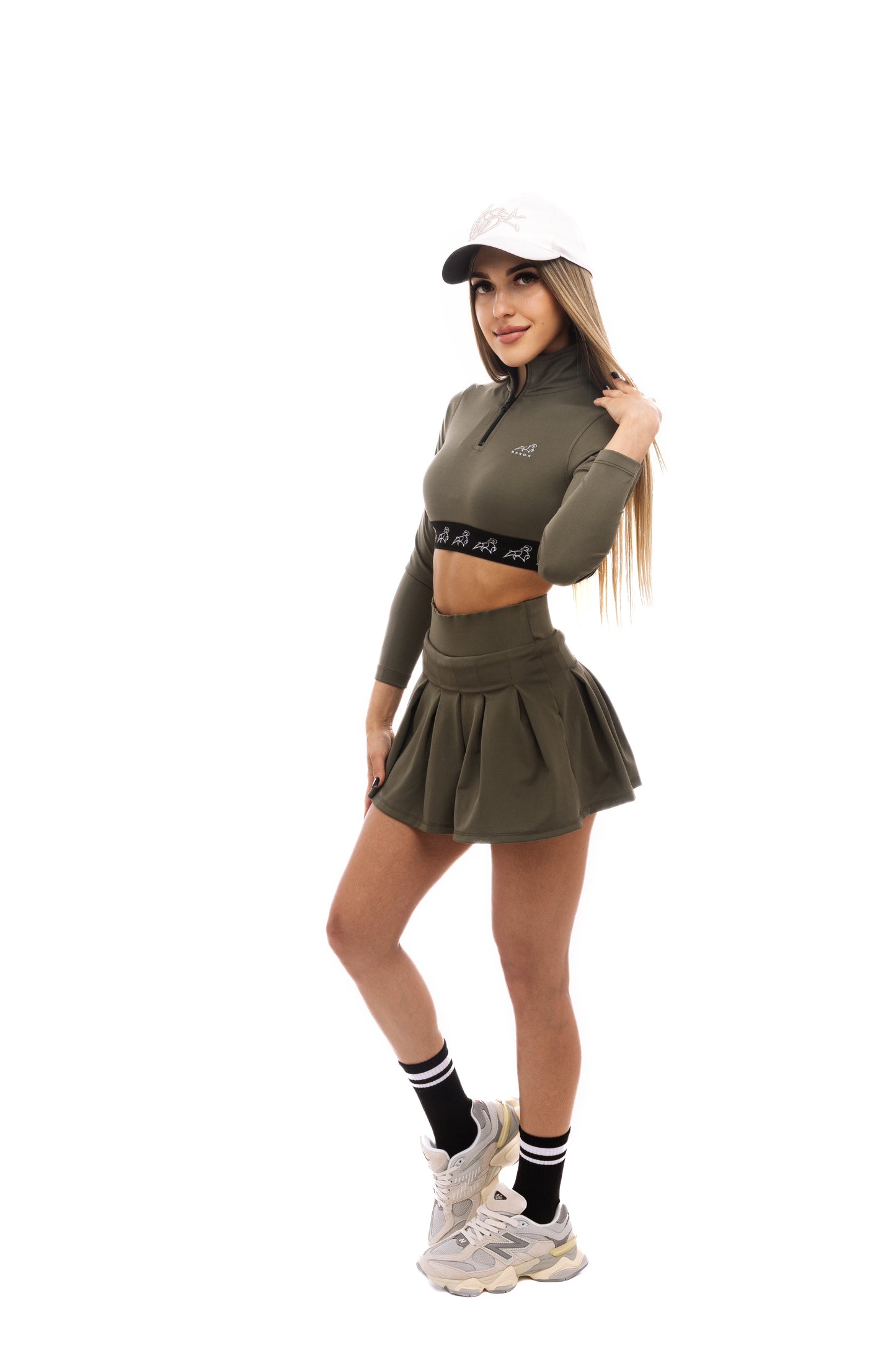 Olive long sleeve top with a tailored fit, from a modern luxury fashion brand blending sporty and minimalistic style.