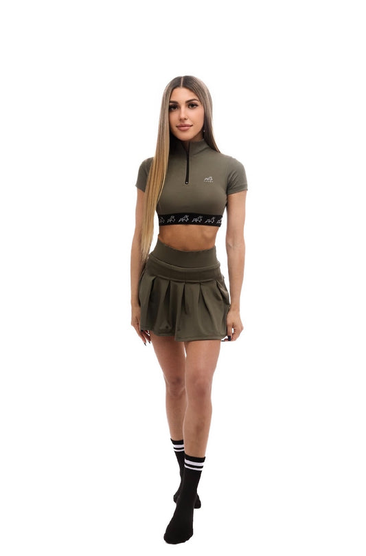 Olive short sleeve top with a tailored fit, from a modern luxury fashion brand blending sporty and minimalistic style.